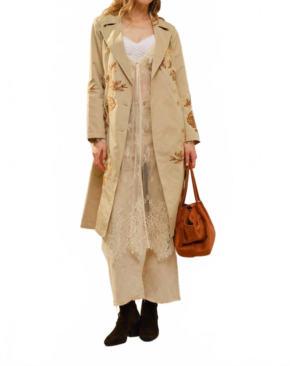 NEW BLUE B women's floral embroidered double breasted belted trench coat in taup